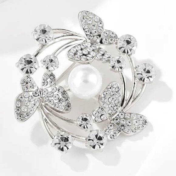 Brooch Butterfly & Pearl Rhinestone Flower Pin Stylish Sparkle Fashon Glam - Picture 2 of 4